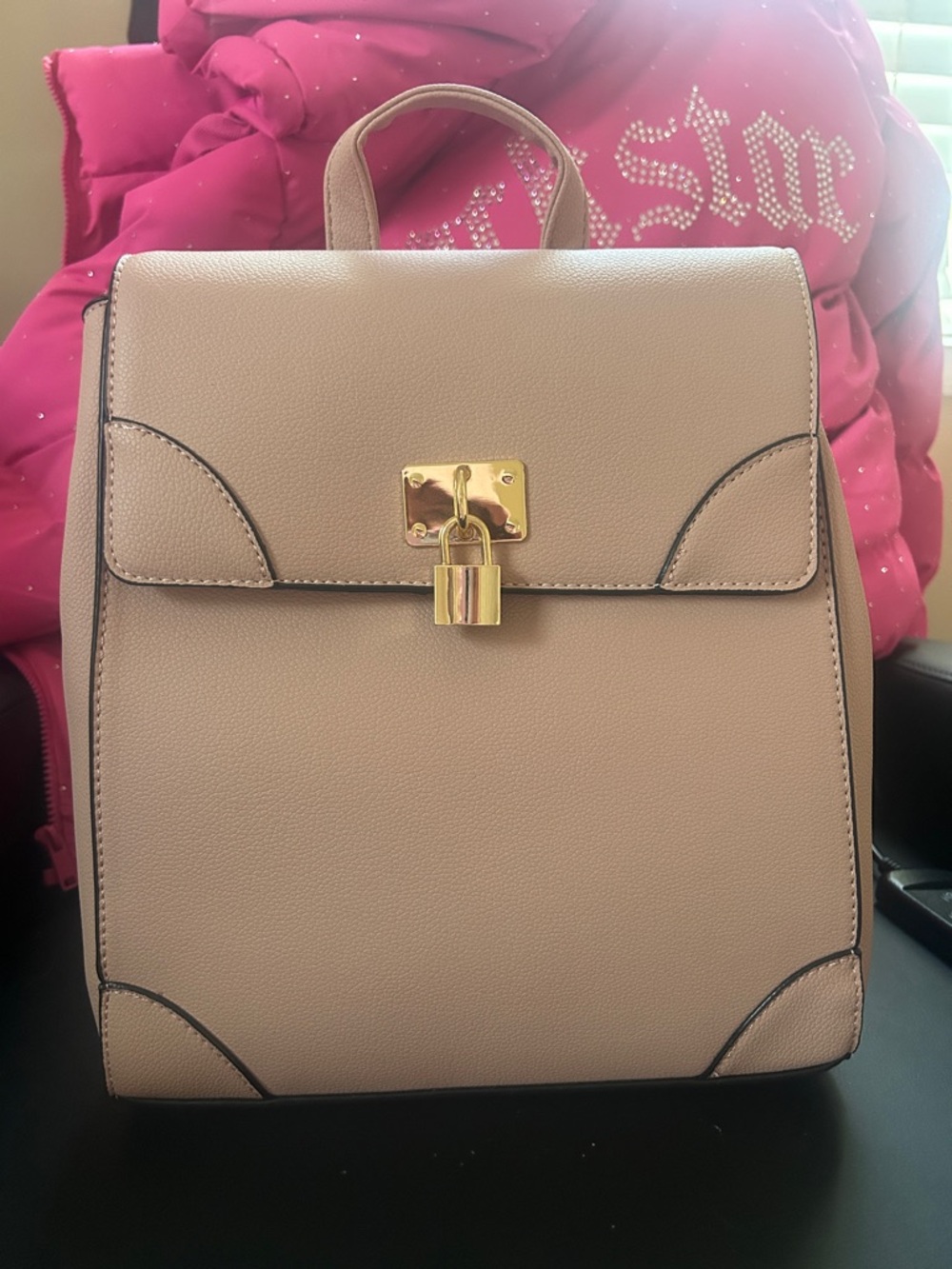 Beige Faux Leather Backpack Purse with Gold Lock